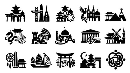 Naklejka premium Black White Glyph Icons Set of World Travel Cultural Landmarks and Global Architecture
