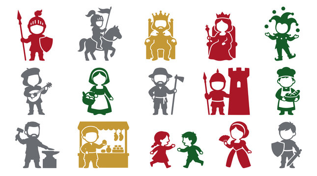 Medieval History Flat Glyph Icons Set - Fantasy Characters, Occupations, and Royal Figures