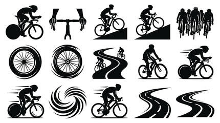 Obraz premium Black White Silhouette Cycling Icons, Road Bike, Bicycle Race, Vector Art