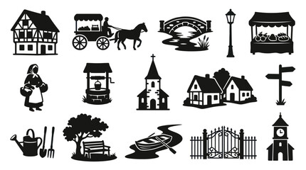 Naklejka premium Black and White Rural Village Life Silhouette Icons Set - Countryside Elements Traditional Objects