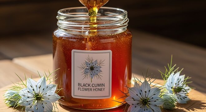 Glass jar of amber black cumin flower honey with light blue flowers image