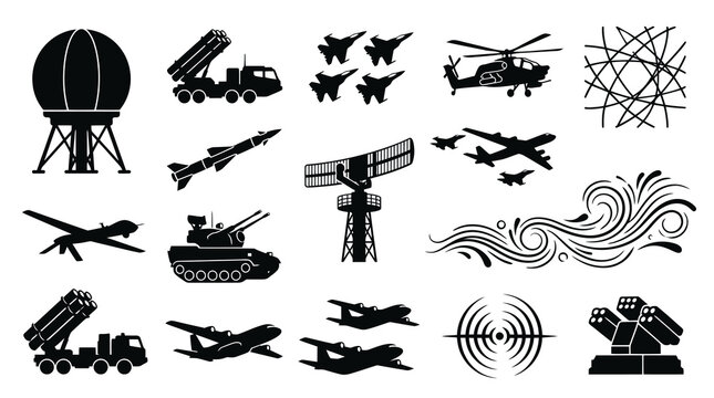 Military Defense Equipment, Vehicles, Radar  Combat Technology Vector Silhouette Icons Set