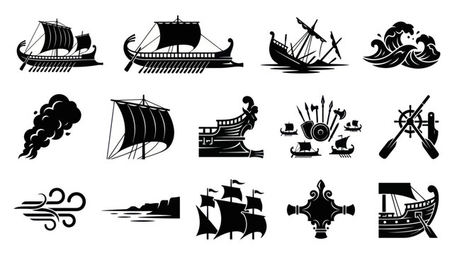 Ancient Ships and Nautical Symbols, Black and White Vector Icons