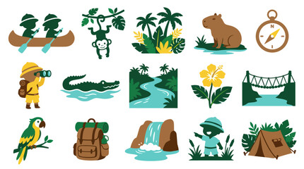 Obraz premium Jungle Adventure Flat Vector Illustration Set: Explorer Kids, Tropical Animals, Nature Icons