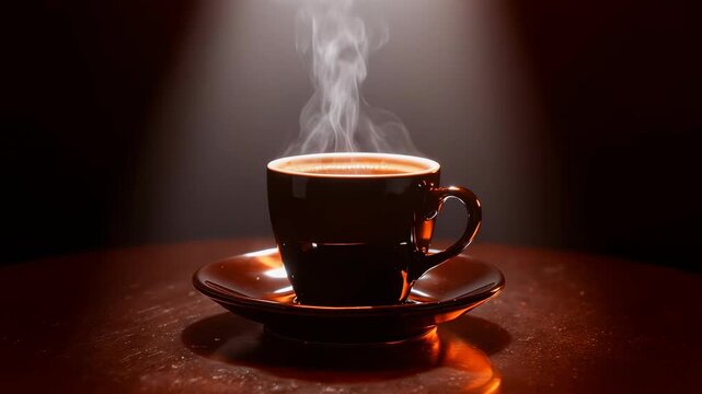 Steaming hot coffee cup on saucer with dramatic lighting