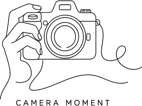 Black and white line of a vintage camera with lens and strap line vintage camera lens camera strap