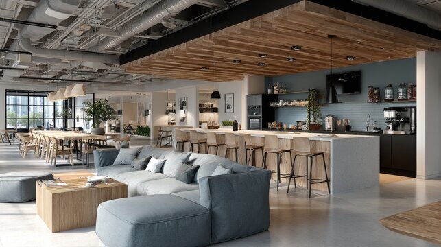 Modern office cafeteria breakroom professional employees relaxing contemporary interior design workplace wellness corporate culture lifestyle scene