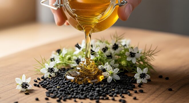 Golden honey pouring onto black nigella seeds with white flowers cumin