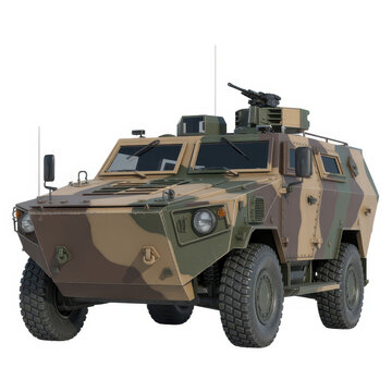 Camouflaged military armored vehicle with turret isolated on a white background