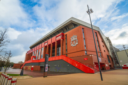 The exterior of Anfield Stadium, home of Liverpool Football Club