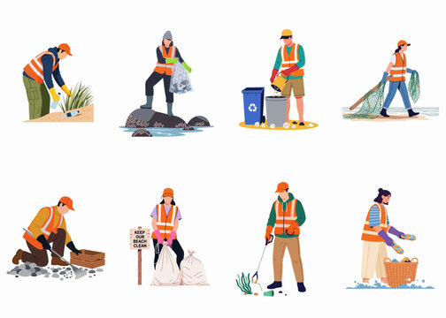 Diverse volunteers participating in a beach cleanup, collecting plastic waste, litter, and fishing nets to protect the marine environment and coastal ecology.