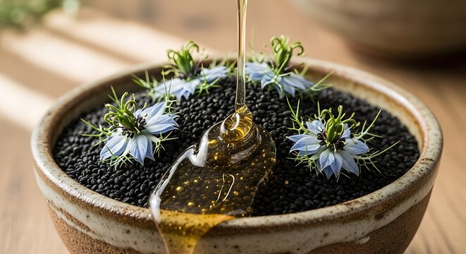 Honey dripping onto black cumin seeds with blue nigella flowers image