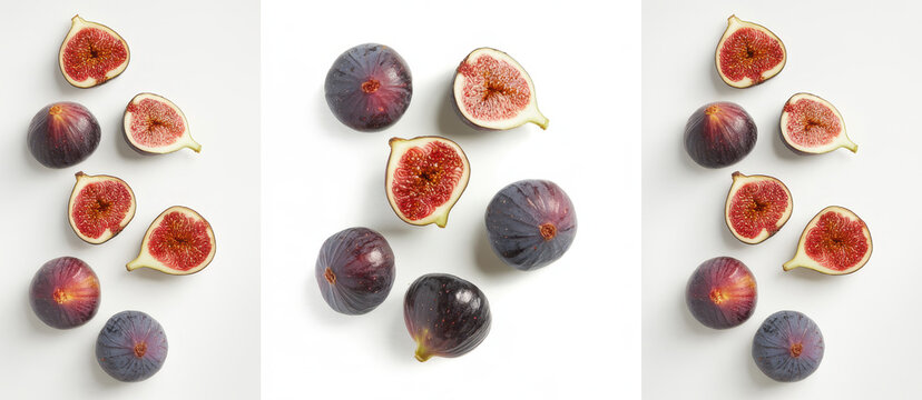 Collection of whole and sliced fresh purple figs arranged on a white background
