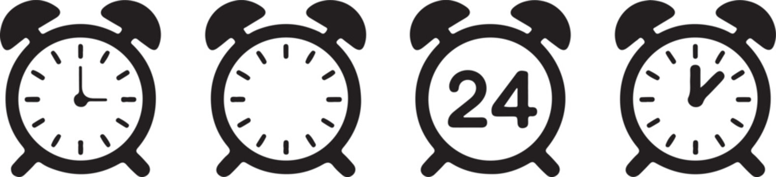 Black and white clock faces showing 12, 3, 24, and 9 o'clock times analog clock time 12 o'clock