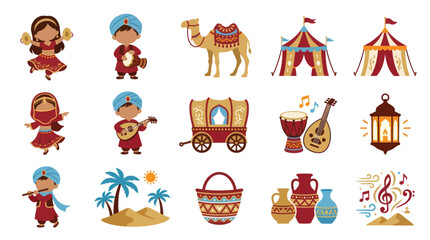 Fototapeta premium Arabic Culture Flat Design Icon Set: Desert Adventure, Traditional Characters, and Elements