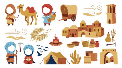 Fototapeta premium Desert Oasis Village Buildings Camel Caravan Flat Vector Icons