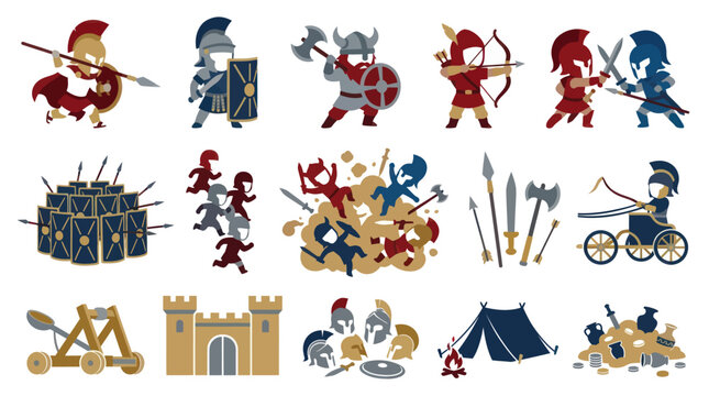 Ancient Warfare Flat Illustration Set: Historical Soldiers, Weapons, and Battle Icons