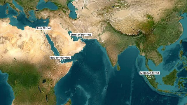 World map highlighting global shipping choke points with animated location markers video