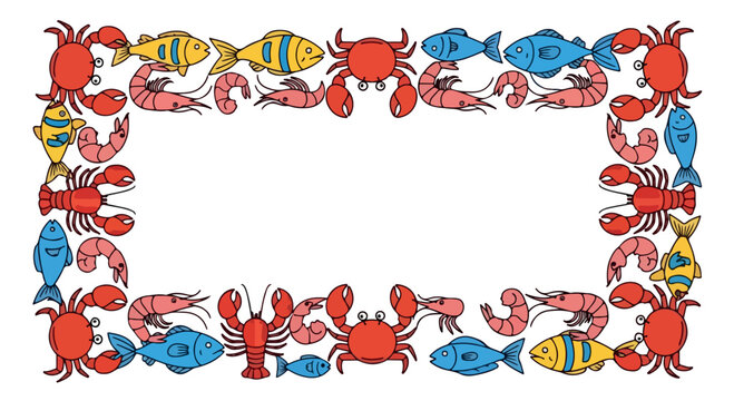 Playful sea life border with red lobsters and blue yellow striped fish in a cartoon frame surrounding a white center