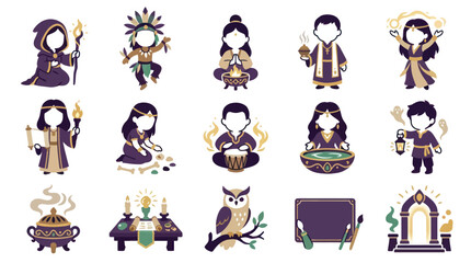 Obraz premium Mystical Characters, Symbols, and Elements, Flat Vector Style