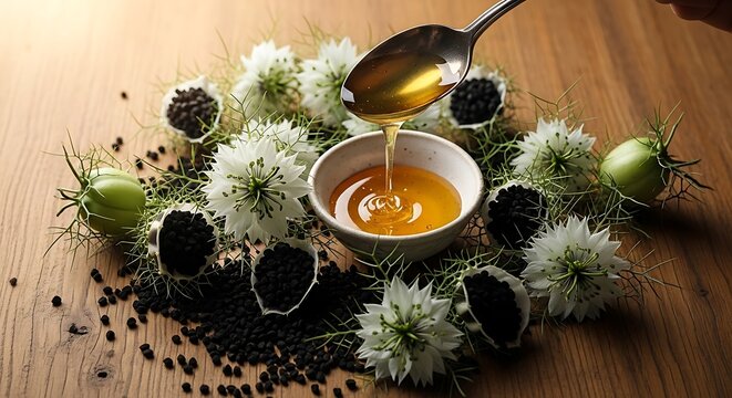 Honey poured from spoon into bowl surrounded by black cumin seeds and flowers image