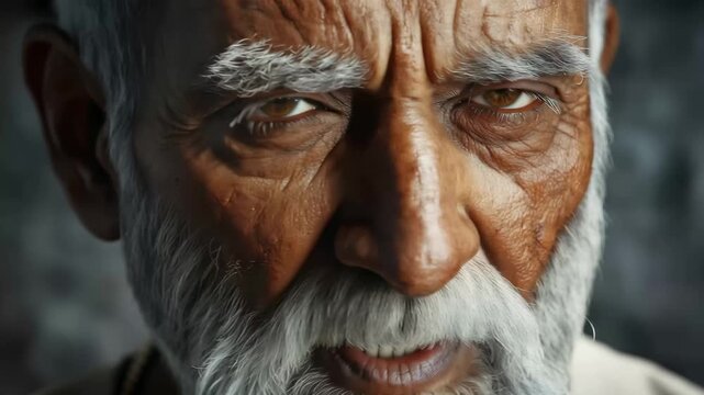 Close-up of an elderly man with deep lines and a thoughtful expression during a cloudy day indoors