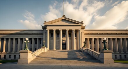 Naklejka premium Neoclassical government building with stone columns and grand staircase, majestic courthouse architecture, historic museum facade under blue sky