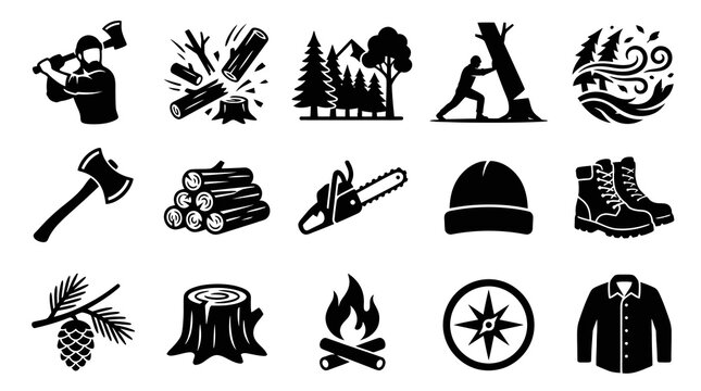 Black  White Logging  Outdoor Glyph Icons Set - Lumberjack, Forestry, Camping Tools, and Nature Elements.