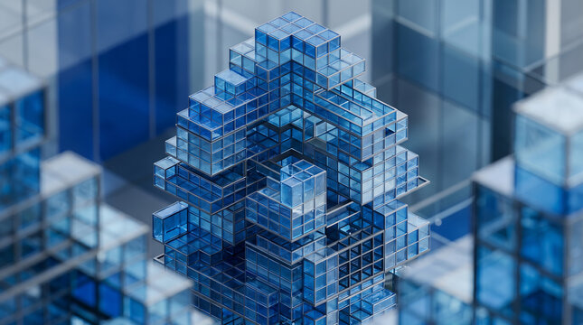 Glass cube data block structure on digital city mockup background. Software marketing template for innovation branding, and advanced technology advertising design with copyspace.