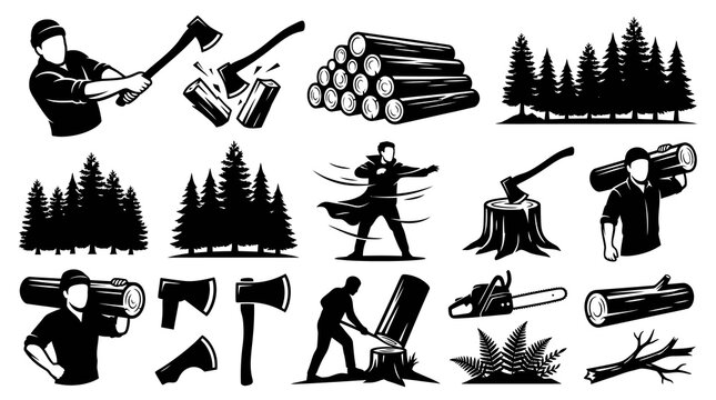 Lumberjack and Woodcutting Forestry Silhouette Vector Icons Collection