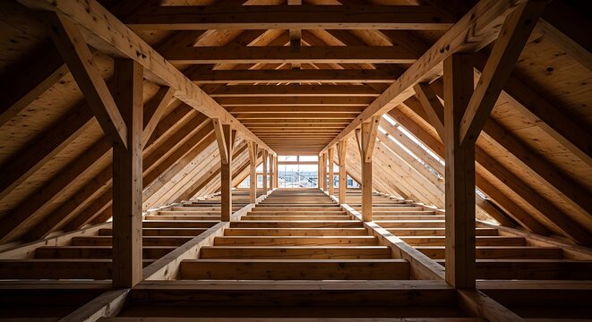 Interior view of a wooden roof frame under construction with timber beams