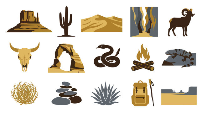 Flat Vector Desert Icons Set: Landscape, Wildlife, Travel  Adventure Elements
