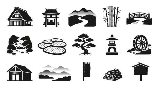 Traditional Japanese Culture Black  White Glyph Icons Set for Travel  Heritage