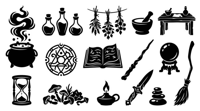 Witchcraft Magic Occult Black Silhouette Icons Set with Potions, Cauldron, Crystal Ball, Broom