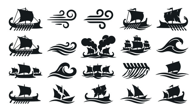 Ancient Ship Vector Icons - Black  White Nautical Art Style