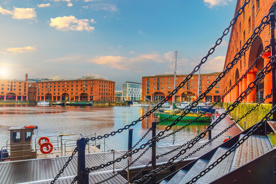 Historic red brick  dock at night with old warehouses in downtown  Liverpool