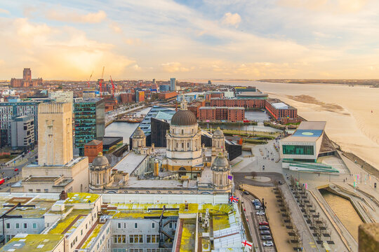 Liverpool city skyline from top view, cityscape of United Kingdom