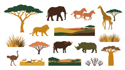 Naklejka premium African Savannah Animals and Trees Flat Vector Icons Set