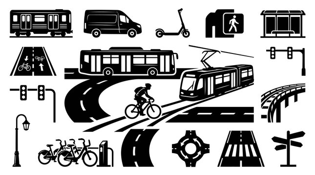 Urban Transportation Black and White Icons: City Vehicles, Roads  Mobility Glyphs