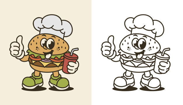 Retro cartoon burger chef character holding a drink and giving a thumbs up, vintage mascot set with colorful and line art versions for fast food branding and sticker design