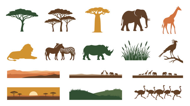 African Safari Wildlife Animals  Trees Flat Silhouette Vector Collection
