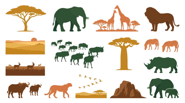 African Safari Wildlife Animals and Landscape Vector Icons Flat Style