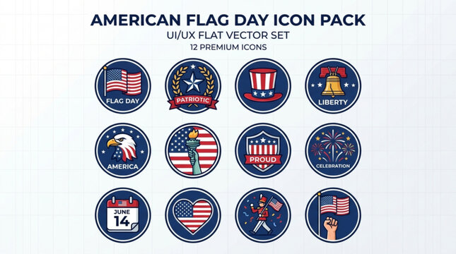 American flag day icon pack with patriotic symbols and flat vector graphics for independence day celebrations
