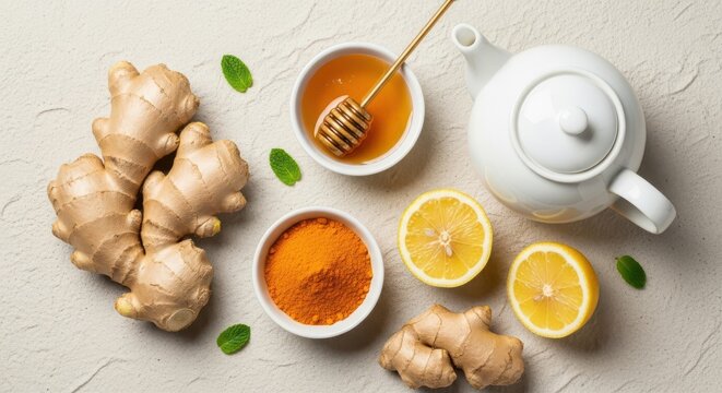Top view of ginger, turmeric powder, honey, lemon, and mint leaves for healthy tea preparation