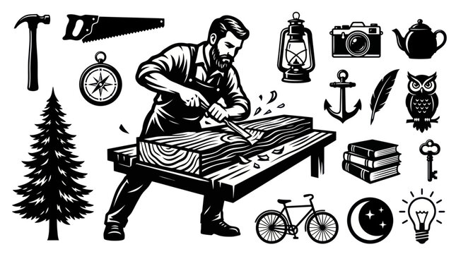 Black and White Woodworker Crafting Wood on Table