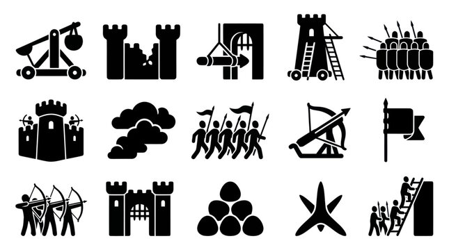 Medieval Warfare and Siege Weapons Black and White Glyph Icons Set
