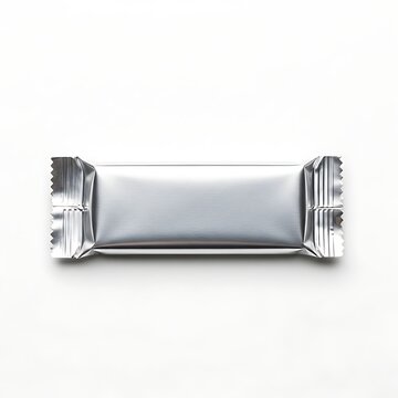 A sealed rectangular snack wrapper placed on a plain background.