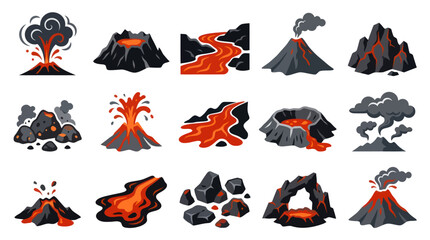 Fototapeta na wymiar Volcanoes Eruptions and Lava Flow Flat Vector Illustrations Set - Geology Natural Disasters