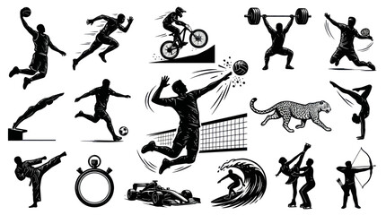 Fototapeta premium Dynamic Sports Athletes Activities Set - Black White Vector Illustrations