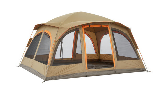 Large camping tent with mesh windows and orange accents, isolated on a white background, for travel